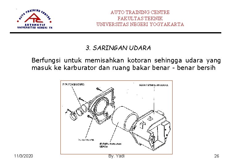 AUTO TRAINING CENTRE FAKULTAS TEKNIK UNIVERSITAS NEGERI YOGYAKARTA 3. SARINGAN UDARA Berfungsi untuk memisahkan