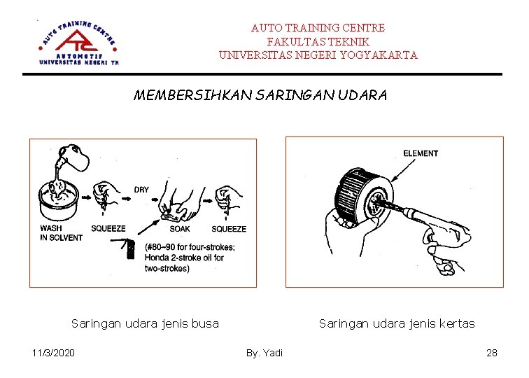 AUTO TRAINING CENTRE FAKULTAS TEKNIK UNIVERSITAS NEGERI YOGYAKARTA MEMBERSIHKAN SARINGAN UDARA Saringan udara jenis