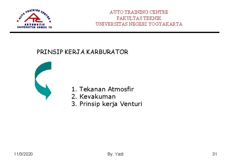 AUTO TRAINING CENTRE FAKULTAS TEKNIK UNIVERSITAS NEGERI YOGYAKARTA PRINSIP KERJA KARBURATOR 1. Tekanan Atmosfir