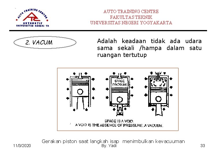 AUTO TRAINING CENTRE FAKULTAS TEKNIK UNIVERSITAS NEGERI YOGYAKARTA 2. VACUM 11/3/2020 Adalah keadaan tidak