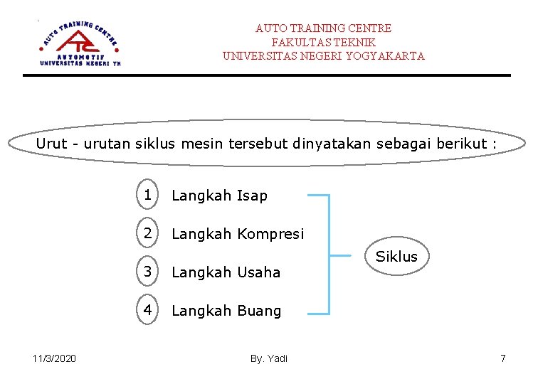 AUTO TRAINING CENTRE FAKULTAS TEKNIK UNIVERSITAS NEGERI YOGYAKARTA Urut - urutan siklus mesin tersebut