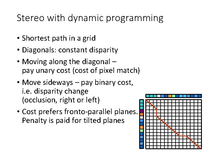 Stereo with dynamic programming • Shortest path in a grid • Diagonals: constant disparity