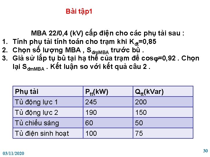 Bài tập 1 MBA 22/0, 4 (k. V) cấp điện cho các phụ tải