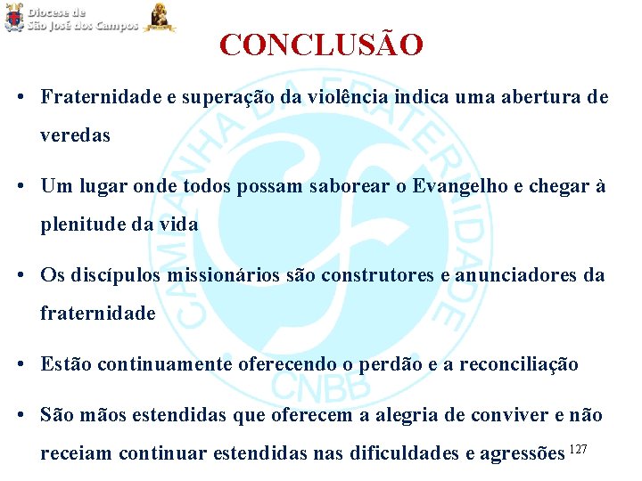 CONCLUSÃO • Fraternidade e superação da violência indica uma abertura de veredas • Um