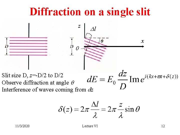 Diffraction on a single slit z Dl x 0 Slit size D, z=-D/2 to