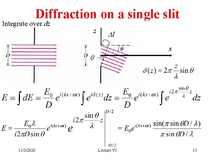 Diffraction on a single slit Integrate over dz z Dl x 0 11/3/2020 Lecture