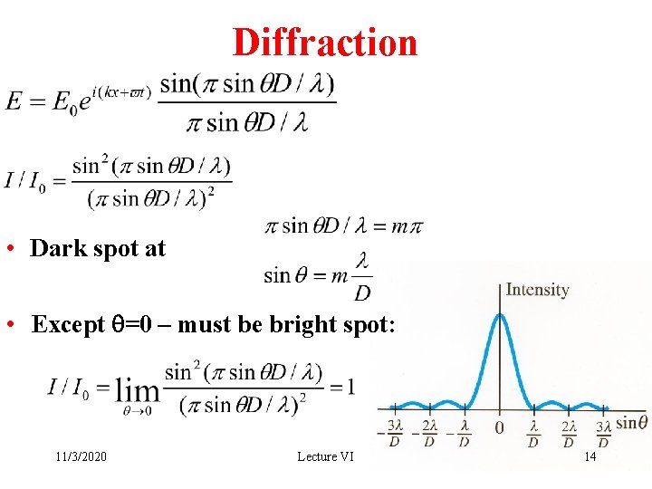 Diffraction • Dark spot at • Except q=0 – must be bright spot: 11/3/2020