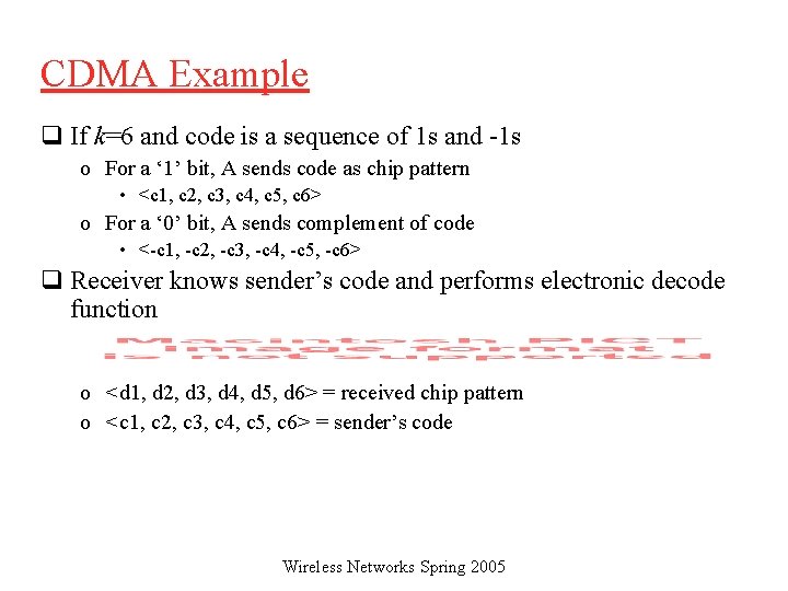 CDMA Example q If k=6 and code is a sequence of 1 s and