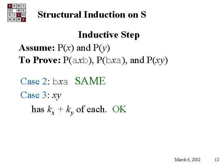 Structural Induction on S Inductive Step Assume: P(x) and P(y) To Prove: P(axb), P(bxa),