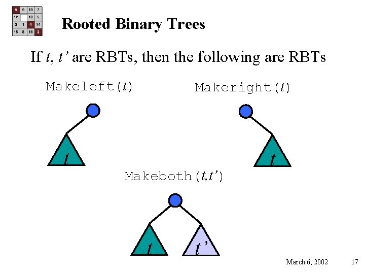 Rooted Binary Trees If t, t’ are RBTs, then the following are RBTs Makeleft(t)