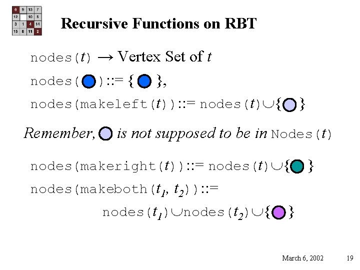 Recursive Functions on RBT nodes(t) → Vertex Set of t }, nodes(makeleft(t)): : =