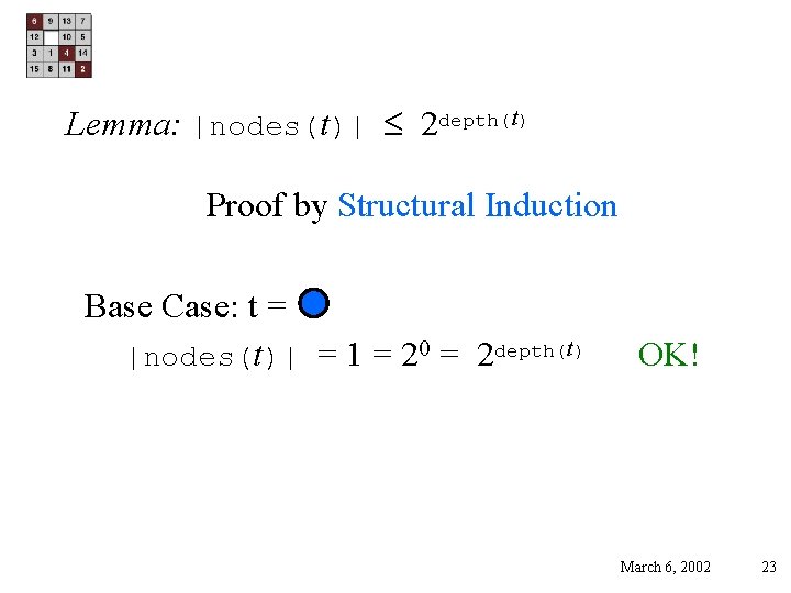 Lemma: |nodes(t)| 2 depth(t) Proof by Structural Induction Base Case: t = |nodes(t)| =