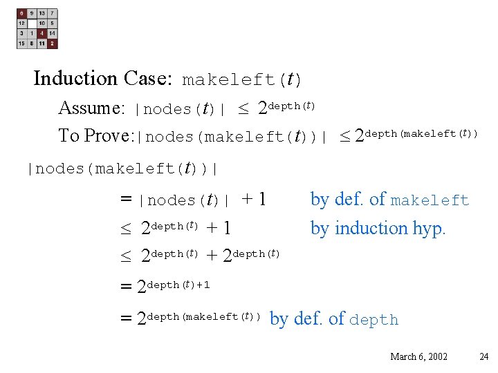 Induction Case: makeleft(t) Assume: |nodes(t)| 2 depth(t) To Prove: |nodes(makeleft(t))| 2 depth(makeleft(t)) |nodes(makeleft(t))| =