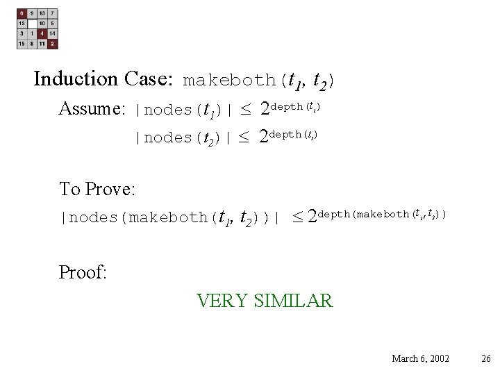 Induction Case: makeboth(t 1, t 2) Assume: |nodes(t 1)| 2 depth(t ) |nodes(t 2)|