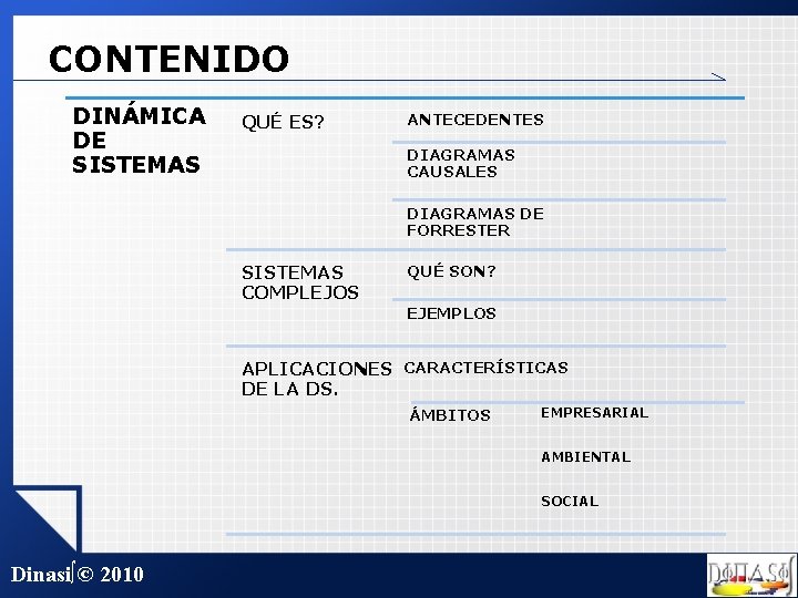 CONTENIDO DINÁMICA DE SISTEMAS QUÉ ES? ANTECEDENTES DIAGRAMAS CAUSALES DIAGRAMAS DE FORRESTER SISTEMAS COMPLEJOS