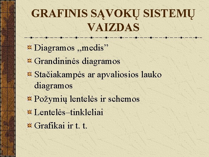 GRAFINIS SĄVOKŲ SISTEMŲ VAIZDAS Diagramos , , medis” Grandininės diagramos Stačiakampės ar apvaliosios lauko