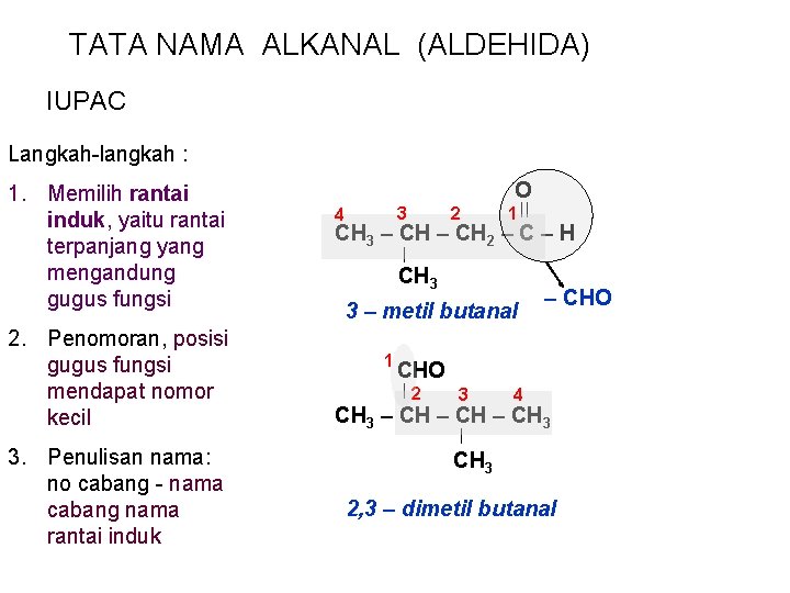 TATA NAMA ALKANAL (ALDEHIDA) IUPAC Langkah-langkah : 1. Memilih rantai induk, yaitu rantai terpanjang