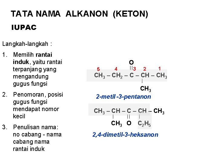 TATA NAMA ALKANON (KETON) IUPAC Langkah-langkah : 1. Memilih rantai induk, yaitu rantai terpanjang
