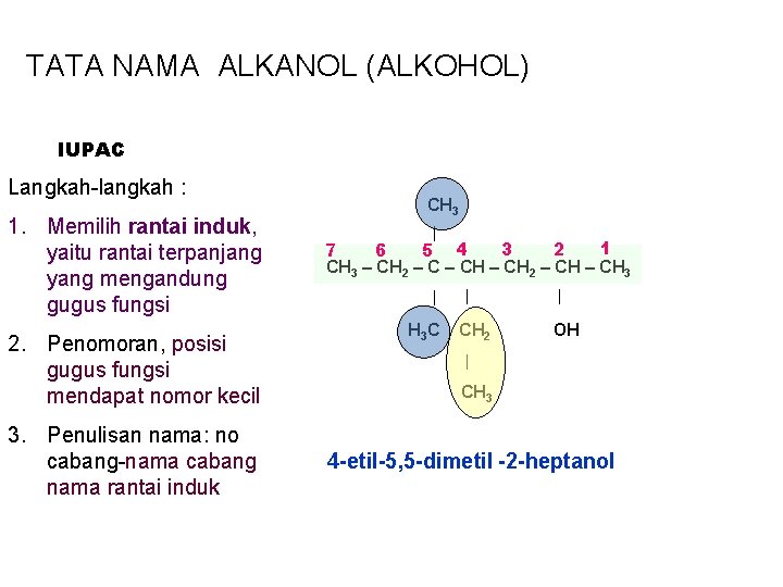 TATA NAMA ALKANOL (ALKOHOL) IUPAC Langkah-langkah : 1. Memilih rantai induk, yaitu rantai terpanjang
