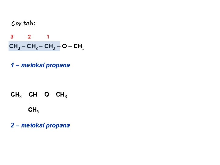 Contoh: 3 2 1 CH 3 – CH 2 – O – CH 3