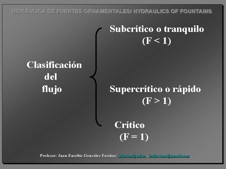  Subcrítico o tranquilo (F < 1) Clasificación del flujo Supercrítico o rápido (F