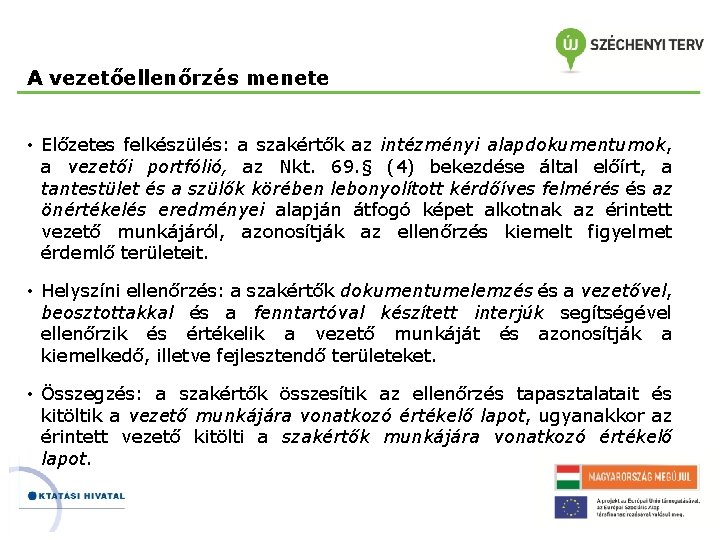 A vezetőellenőrzés menete • Előzetes felkészülés: a szakértők az intézményi alapdokumentumok, a vezetői portfólió,