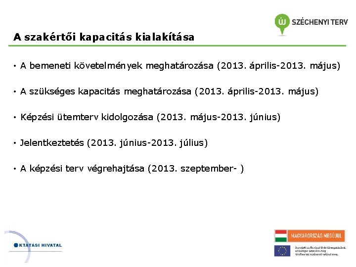 A szakértői kapacitás kialakítása • A bemeneti követelmények meghatározása (2013. április-2013. május) • A A szakértői kapacitás kialakítása • A bemeneti követelmények meghatározása (2013. április-2013. május) • A