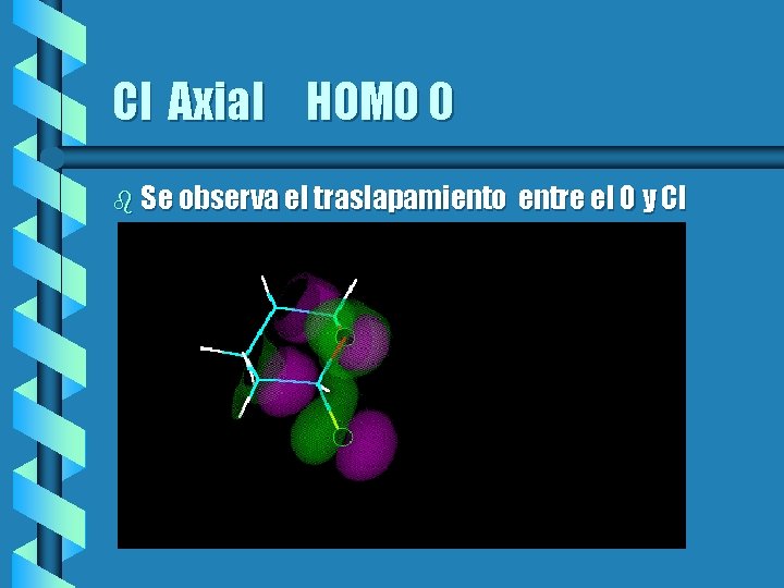 Cl Axial HOMO 0 b Se observa el traslapamiento entre el O y Cl