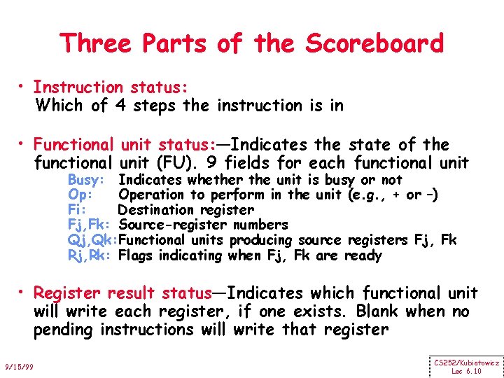 Three Parts of the Scoreboard • Instruction status: Which of 4 steps the instruction