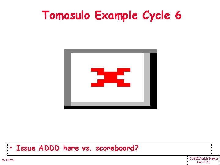 Tomasulo Example Cycle 6 • Issue ADDD here vs. scoreboard? 9/15/99 CS 252/Kubiatowicz Lec