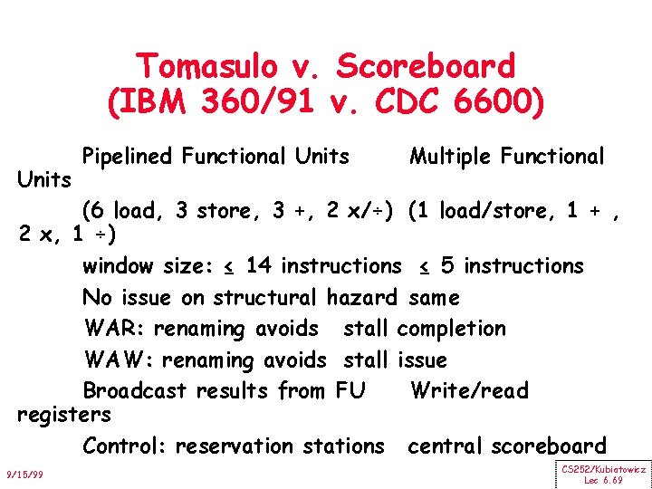 Tomasulo v. Scoreboard (IBM 360/91 v. CDC 6600) Units Pipelined Functional Units Multiple Functional