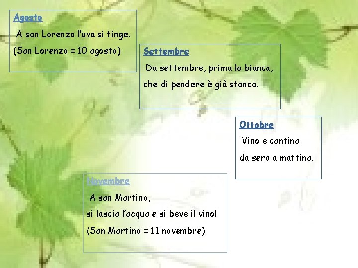 Agosto A san Lorenzo l’uva si tinge. (San Lorenzo = 10 agosto) Settembre Da