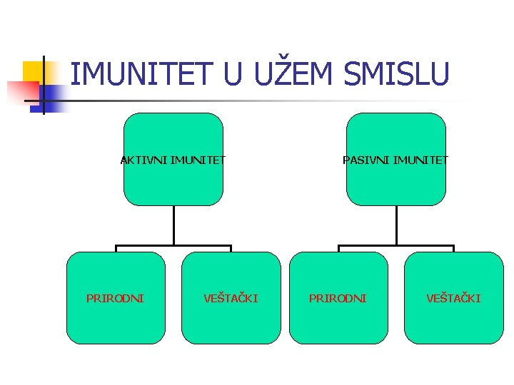 IMUNITET U UŽEM SMISLU AKTIVNI IMUNITET PRIRODNI VEŠTAČKI PASIVNI IMUNITET PRIRODNI VEŠTAČKI 