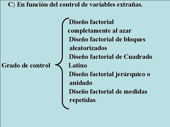 C) En función del control de variables extrañas. Grado de control Diseño factorial completamente