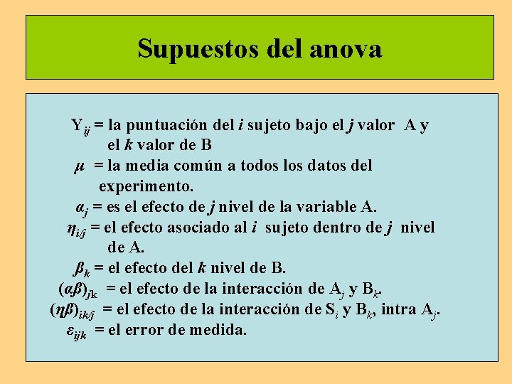 Supuestos del anova Yij = la puntuación del i sujeto bajo el j valor