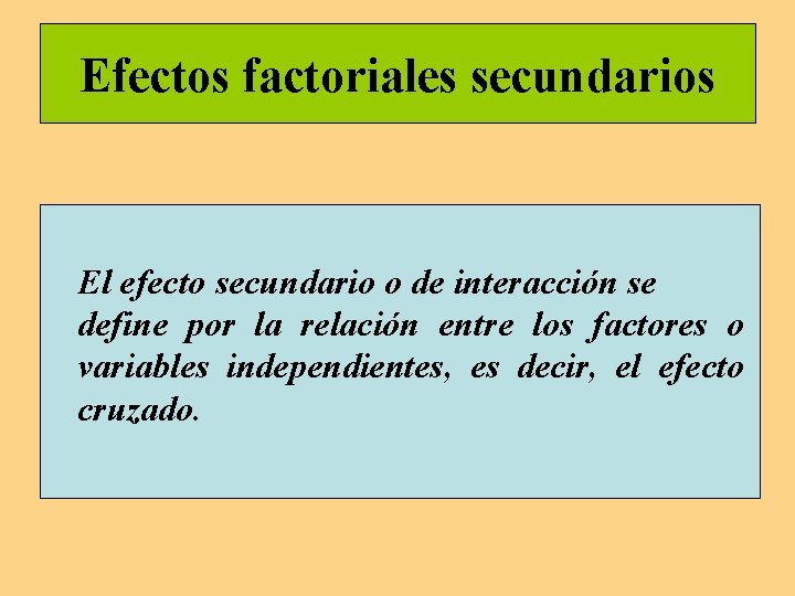 Efectos factoriales secundarios El efecto secundario o de interacción se define por la relación