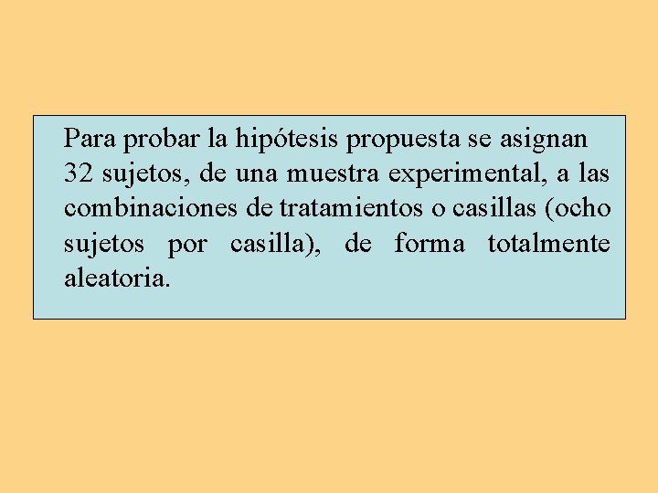 Para probar la hipótesis propuesta se asignan 32 sujetos, de una muestra experimental, a