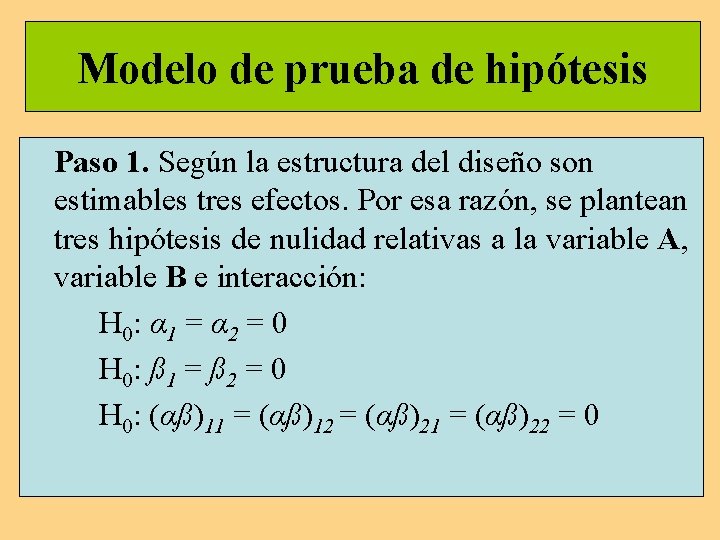 Modelo de prueba de hipótesis Paso 1. Según la estructura del diseño son estimables