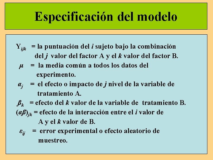 Especificación del modelo Yijk = la puntuación del i sujeto bajo la combinación del