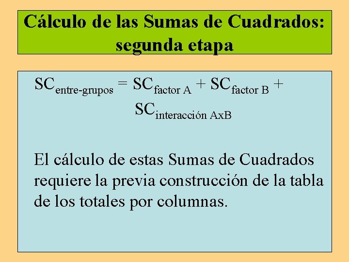 Cálculo de las Sumas de Cuadrados: segunda etapa SCentre-grupos = SCfactor A + SCfactor