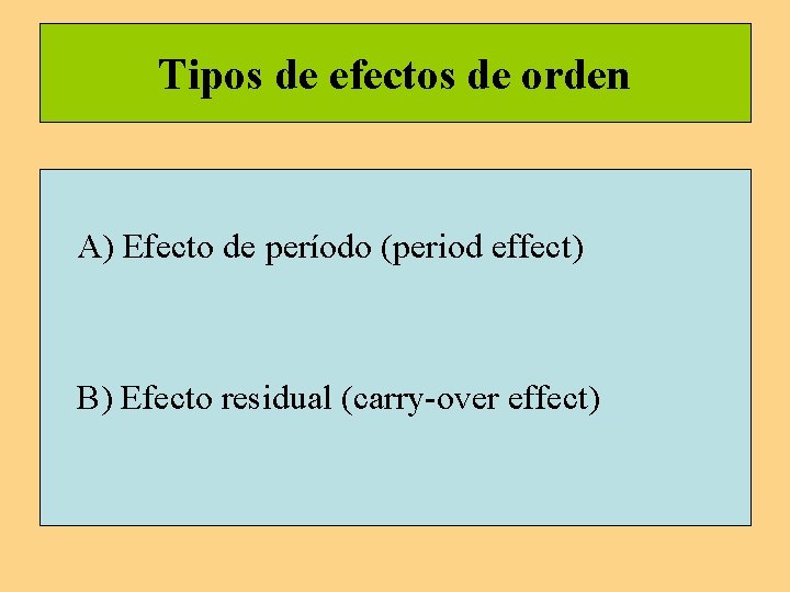 Tipos de efectos de orden A) Efecto de período (period effect) B) Efecto residual