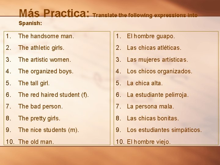 Más Practica: Translate the following expressions into Spanish: 1. The handsome man. 1. El