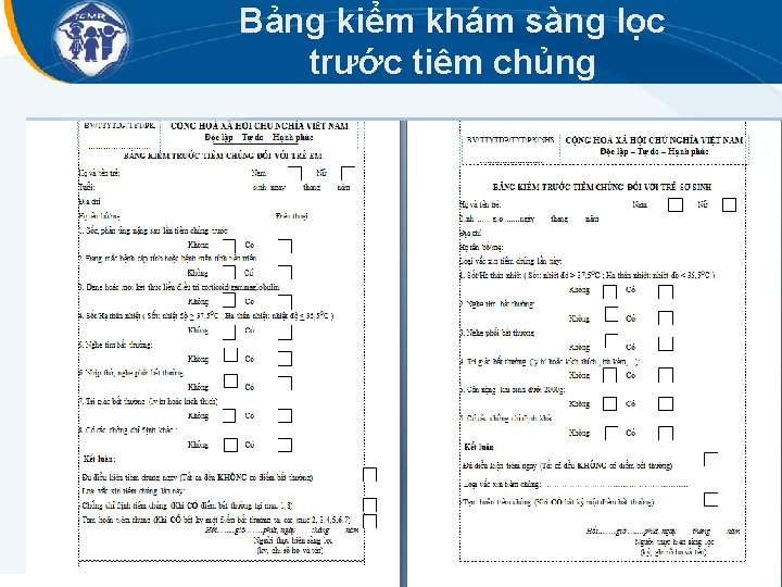 Bảng kiểm khám sàng lọc trước tiêm chủng 