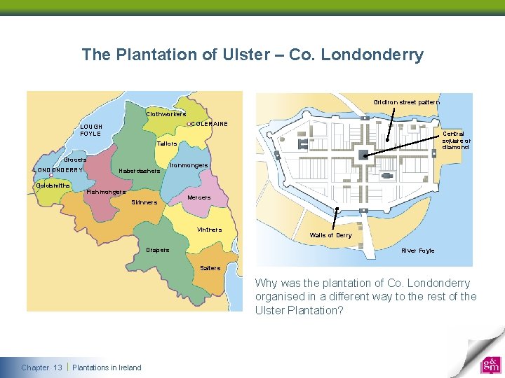 The Plantation of Ulster – Co. Londonderry Gridiron street pattern Clothworkers COLERAINE LOUGH FOYLE The Plantation of Ulster – Co. Londonderry Gridiron street pattern Clothworkers COLERAINE LOUGH FOYLE