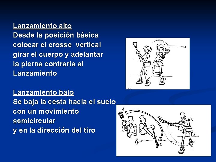 Lanzamiento alto Desde la posición básica colocar el crosse vertical girar el cuerpo y