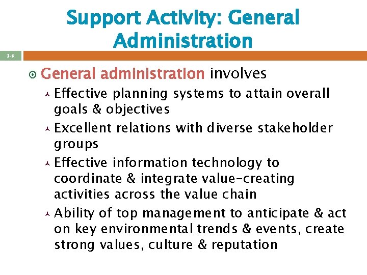 Support Activity: General Administration 3 -6 ¤ General administration involves © Effective planning systems Support Activity: General Administration 3 -6 ¤ General administration involves © Effective planning systems
