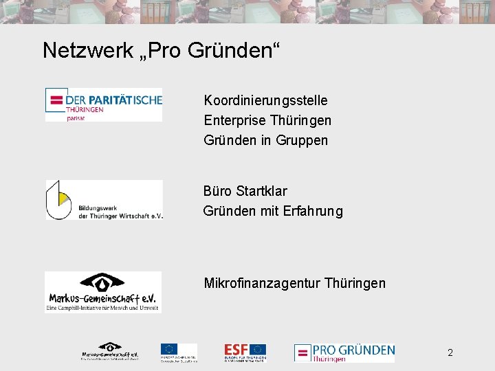 Netzwerk „Pro Gründen“ Koordinierungsstelle Enterprise Thüringen Gründen in Gruppen Büro Startklar Gründen mit Erfahrung