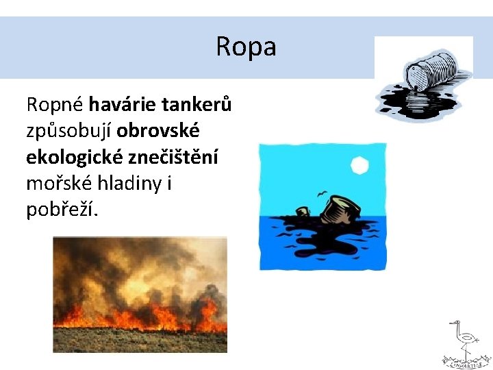 Ropa Ropné havárie tankerů způsobují obrovské ekologické znečištění mořské hladiny i pobřeží. 