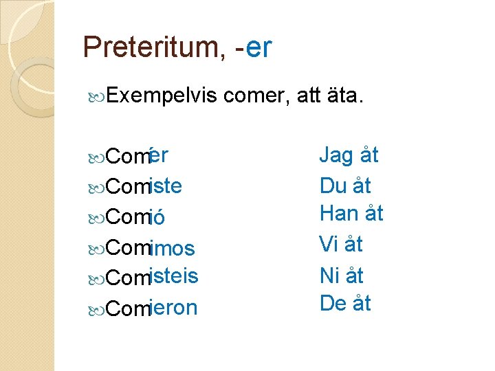 Preteritum, -er Exempelvis Comíer Comiste Comió Comimos Comisteis Comieron comer, att äta. Jag åt