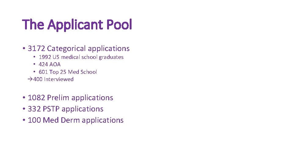 The Applicant Pool • 3172 Categorical applications • 1992 US medical school graduates •